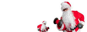 圣诞老人条款工作提升哑铃二头肌卷发圣诞老人面对大圣诞老人孤立的白色背景体育运动健身健身问题横幅大小复制空间