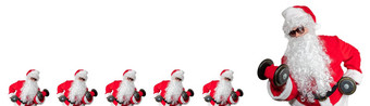 圣诞老人条款工作提升哑铃二头肌卷发内衣裤圣诞老人面对大圣诞老人孤立的白色背景体育运动健身健身问题横幅大小复制空间