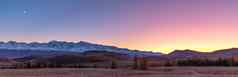美丽的全景谷完整的树白色雪山背景天空蓝色的橙色粉红色的紫色的蓝色的小时秋天时间日落阿尔泰山俄罗斯