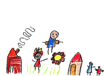 蜡蜡笔孩子的手画房子草色彩鲜艳的花快乐家庭