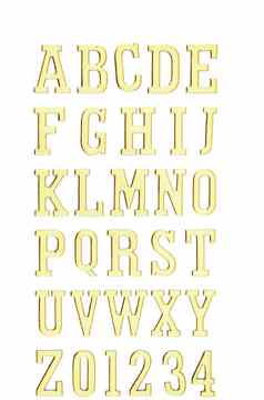 完整的黄金字体。英语字母数量集孤立的白色