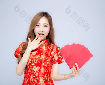 美丽的肖像年轻的亚洲女人<strong>旗袍</strong>衣服微笑空心