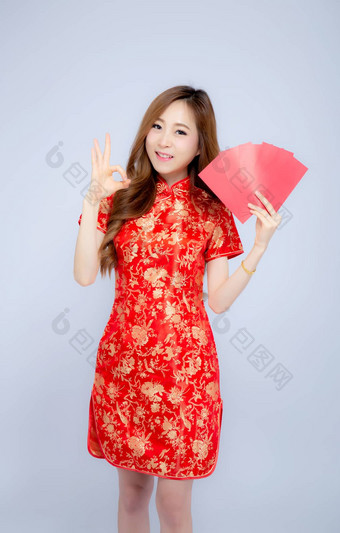 美丽的肖像年轻的亚洲女人<strong>旗袍</strong>衣服微笑空心