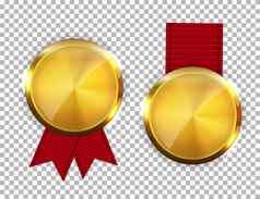 冠军黄金金牌红色的丝带图标标志的地方孤立的透明的背景向量插图