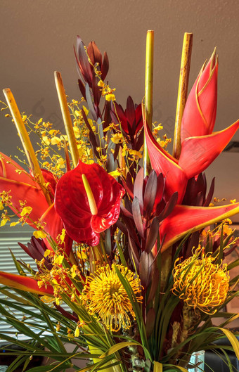 热带花束花包括海里康属植物碧海黄色的