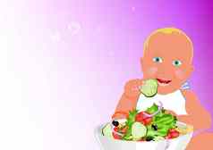 孩子新鲜的蔬菜沙拉摘要粉红色的背景