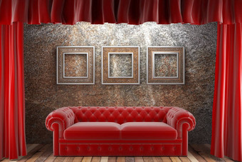 红色的织物窗帘帧沙发