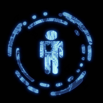 照亮蓝色的电子男人。象征电脑芯片
