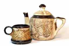 棕色（的）陶瓷咖啡茶杯茶壶