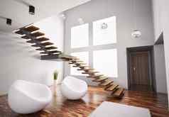 现代室内白色扶手椅楼梯