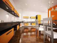 现代橙色厨房室内渲染