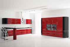室内现代红色的黑色的厨房