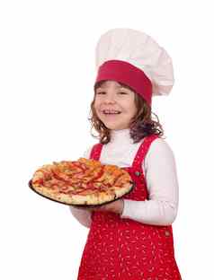 快乐女孩烹饪披萨白色