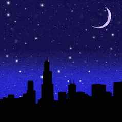 城市轮廓晚上布满星星的天空背景