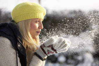 关闭十几岁的女孩穿皮毛外套雪景观