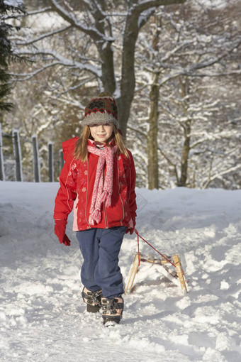 年轻的女孩拉<strong>雪</strong>橇<strong>雪</strong>景观