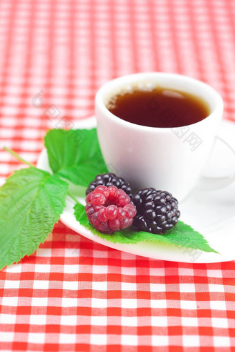 杯茶树莓黑莓叶子格子织物