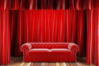 红色的织物窗帘沙发