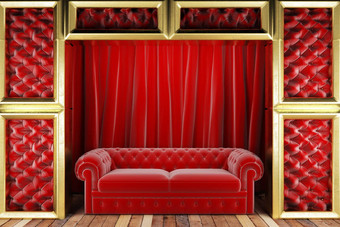 红色的织物窗帘沙发金阶段