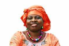 微笑非洲女人橙色围巾白色