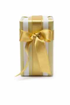 礼物盒子黄金二人组语气金缎丝带弓孤立的白色背景