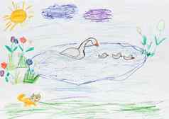 孩子们绘画鹅家庭