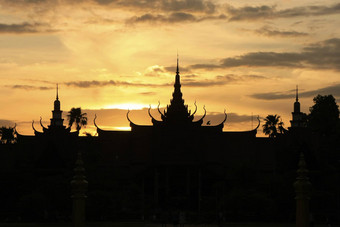 轮廓国家博物馆柬埔寨日落金边在金边