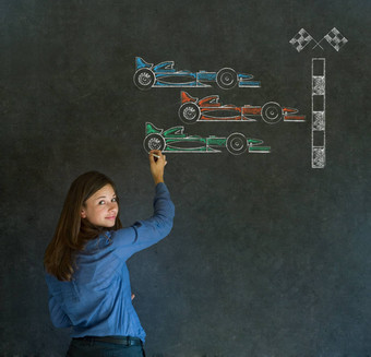 业务女人学生老师公式赛车车风扇黑板上背景