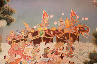 传统的泰国风格艺术绘画坦普尔的墙
