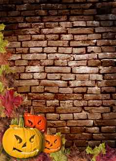 秋天叶子南瓜墙砖棕色（的）背景