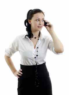 业务女人会说话的移动电话孤立的白色背景