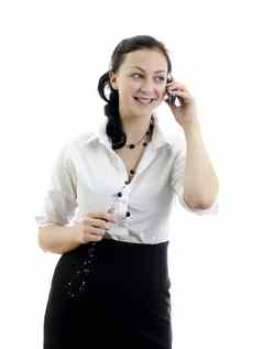 业务女人会说话的移动电话孤立的白色背景