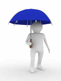 男人。蓝色的伞白色背景孤立的图像