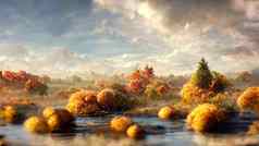 摘要令人难以置信的秋天景观树金树叶湖