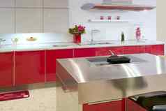红色的岛厨房银现代室内房子