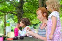 妈妈。女儿家庭野餐户外公园