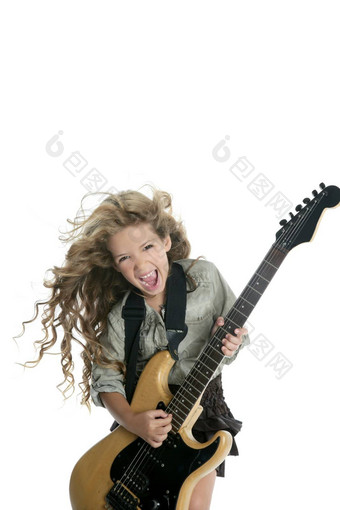 金发碧眼的女孩玩电吉他硬核风头发