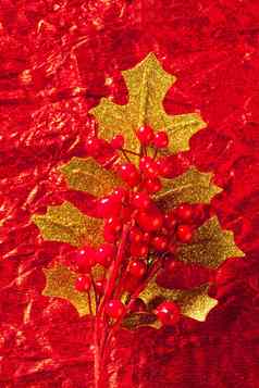 圣诞节卡黄金叶红色的浆果