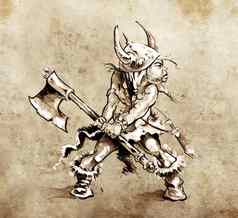 草图纹身艺术有趣的战士大斧