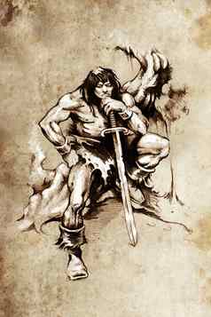 纹身艺术草图战士大剑