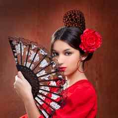 弗拉曼柯舞舞者女人吉普赛人红色的玫瑰西班牙语风扇
