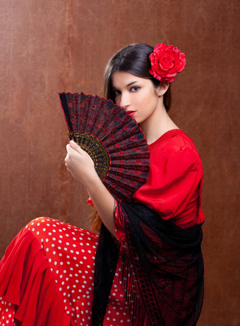 弗拉曼柯舞舞者女人吉普赛人红色的玫瑰西班牙语风扇