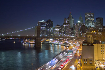 曼哈顿全景视图晚上办公室建筑修建摩天楼