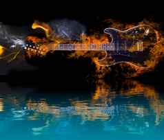 燃烧电吉他反射水