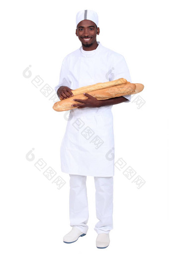 贝克学徒携带面包白色背景