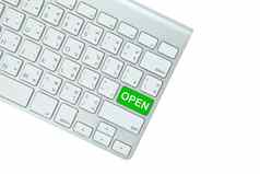 绿色开放按钮电脑键盘孤立的白色后台支持