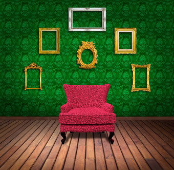 沙发框架绿色壁纸房间