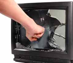 男人的手粉碎电视屏幕