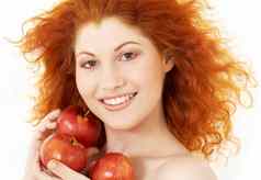 快乐红色头发的人红色的苹果