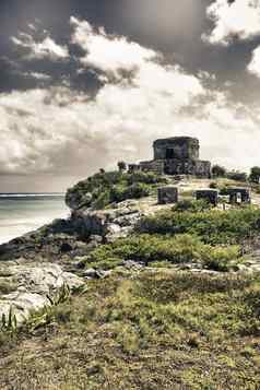 海颜色玛雅废墟图伦尤卡坦半岛